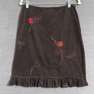 Vintage Taylor Loft Skirt 10 Petite Brown Corduroy Ruffle Embroidered 90s y2k